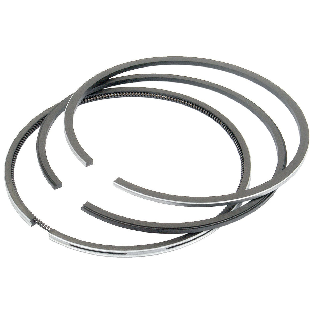 Image of three Sparex Piston Rings (Sparex Part No. S.62029) arranged close to each other, showcasing their open ends and the textured inner surface of one chrome-plated ring.