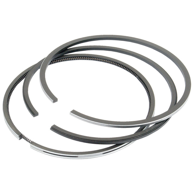 Image of three Sparex Piston Rings (Sparex Part No. S.62029) arranged close to each other, showcasing their open ends and the textured inner surface of one chrome-plated ring.