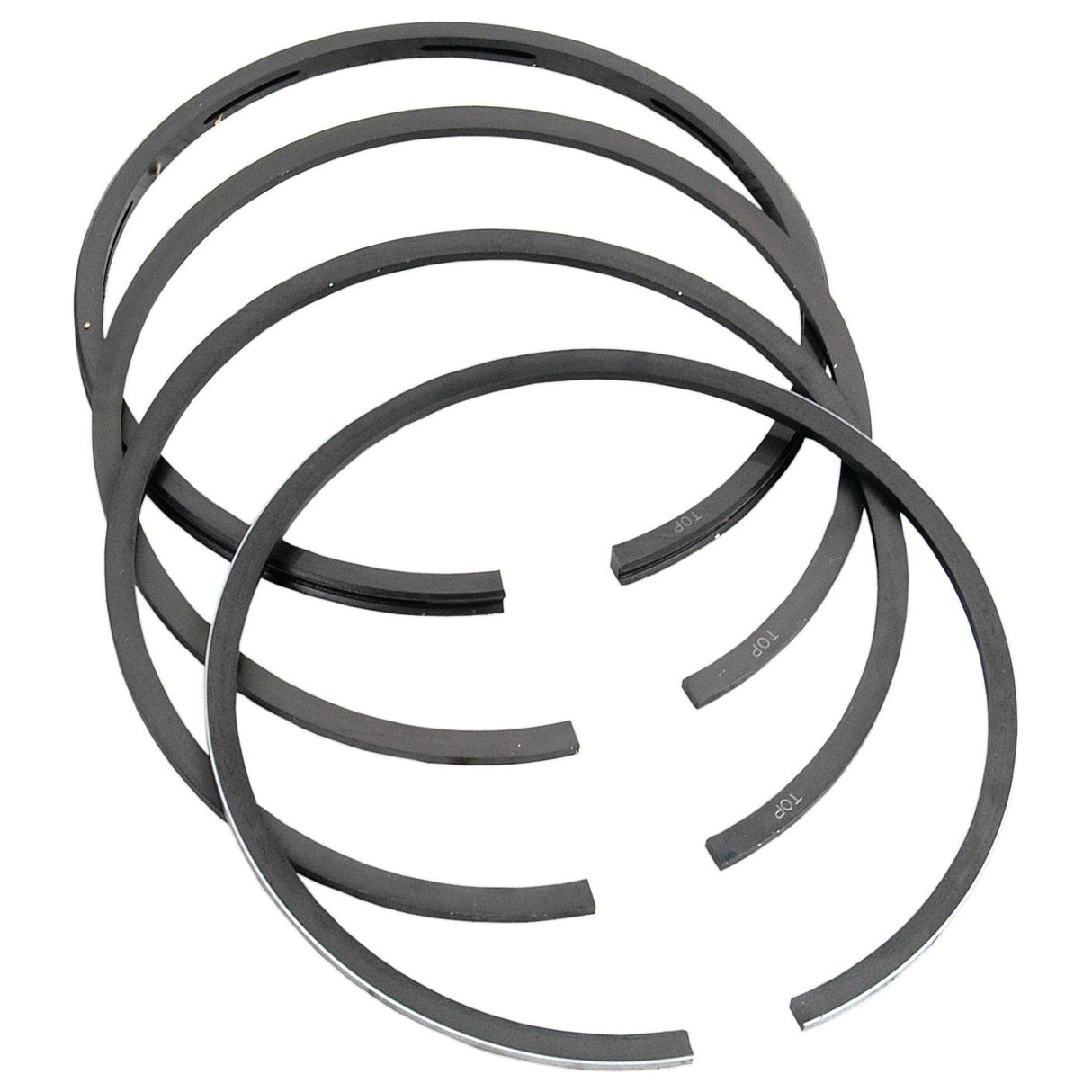 A set of four black, chrome-plated piston rings, partially overlapping each other, displayed against a white background. This premium ring set, known as Piston Ring Std. (Sparex Part No.S.57508) by Sparex, is perfect for Case IH engines.
