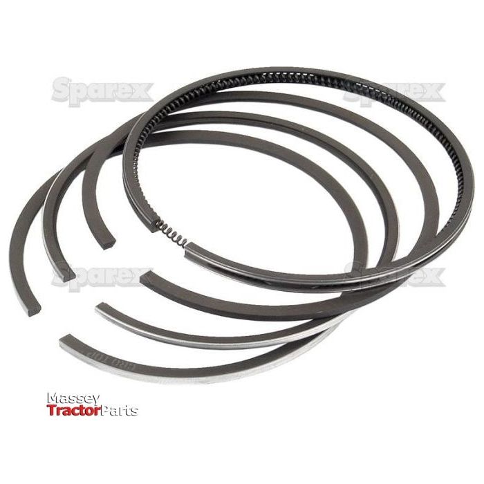 A set of piston rings, including various sizes and types, displayed against a white background with the Massey Tractor Parts and Sparex logos in the corners. This high-quality piston ring set (Sparex Part No.S.60296) by Sparex is also compatible with Ford/New Holland and Shibaura models.