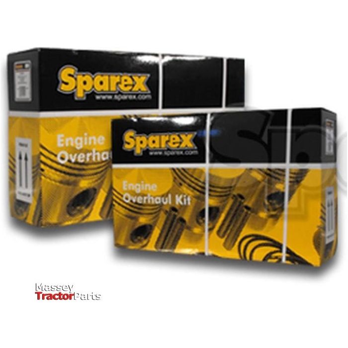 Two boxed kits from Sparex, featuring orange and black packaging, are displayed. The boxes are labeled "Piston Ring and Liner Kit - S.60737" by the renowned engine manufacturer. In the bottom left corner, "Massey Tractor Parts" is visible.