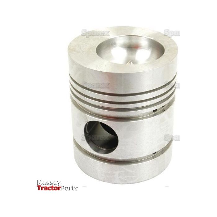 Close-up view of a metal piston part, showing machined surface details and circular cutouts. The text "Massey Tractor Parts" is in the lower left corner, along with Sparex Piston (S.40405) specifications for the Perkins build list.