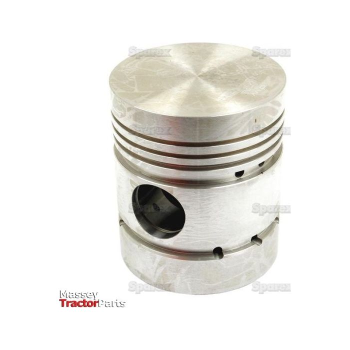 Close-up of a shiny metal piston with rings, associated with Sparex and designed for Perkins engines, on a white background.