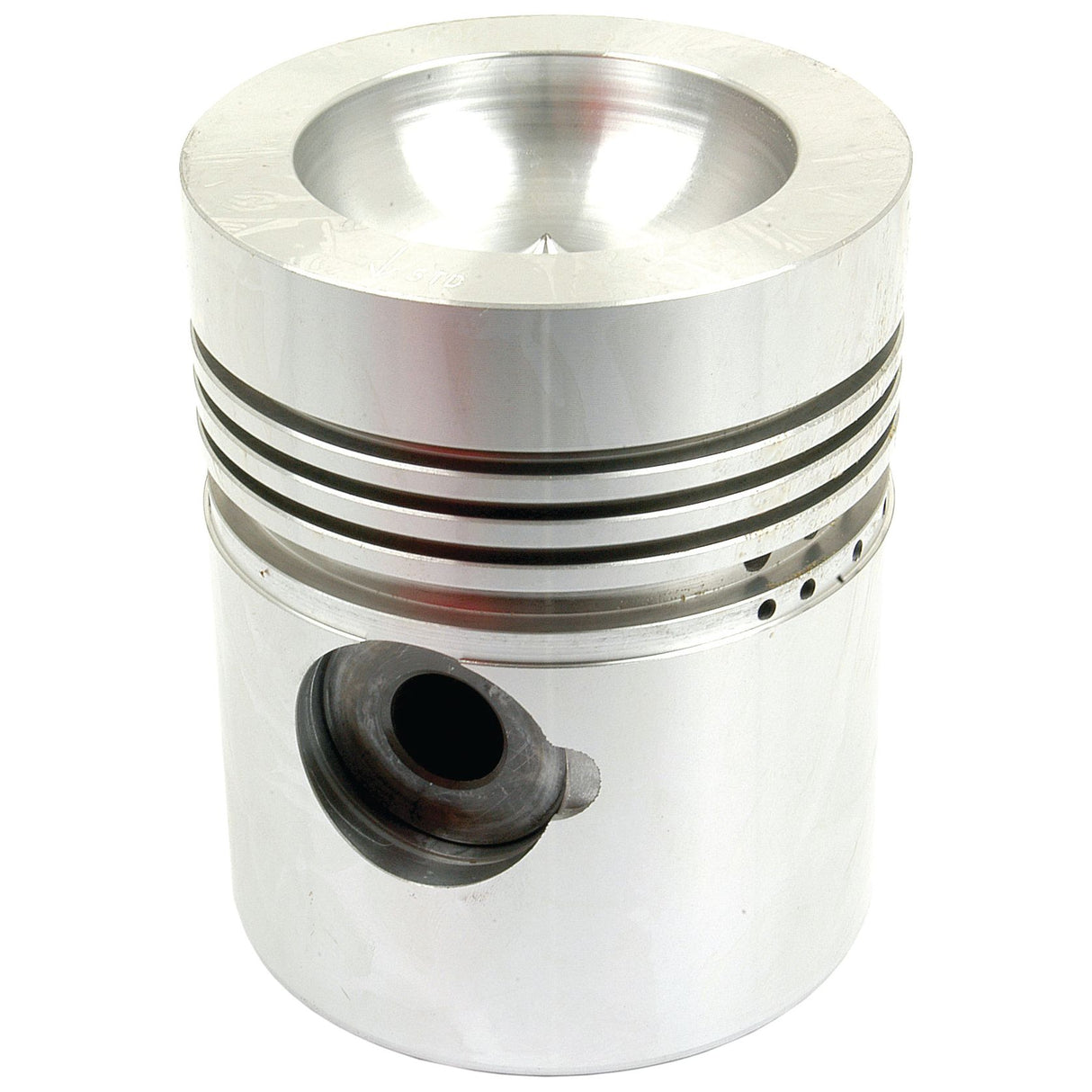The Sparex Piston (Standard) - S.40414 is a metallic piston designed with multiple grooves, a hollow cylindrical body, a concave top surface, a small side hole, and an optimized compression height.