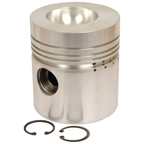 The Sparex Piston (Standard) - S.42929, a metal piston with rings and clips, features multiple grooves and a hollow center. This piston, designed with a specific compression height, includes two circular retaining clips positioned in front to ensure proper alignment within the specified bore diameter.