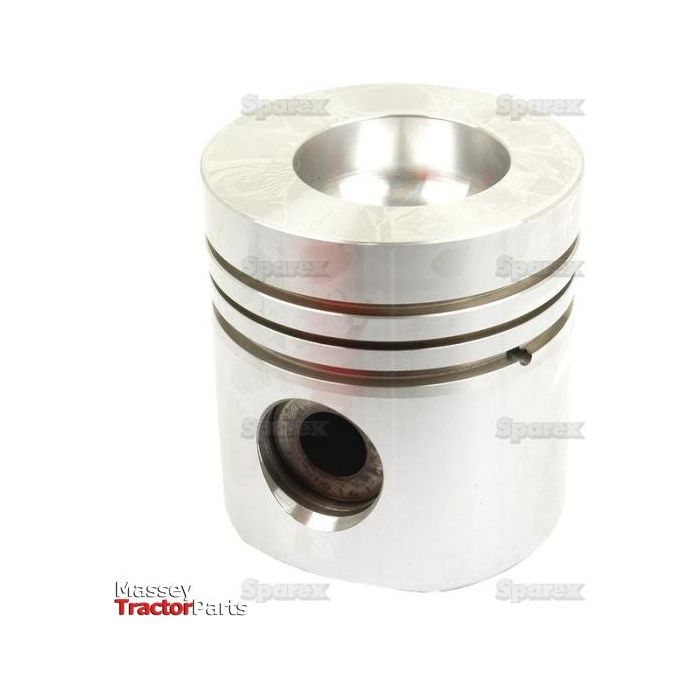Image of a silver piston for a tractor, featuring three compression rings and a wrist pin hole. The piston, labeled as Piston (Standard) - S.57630 by Sparex, showcases its precise bore diameter with the Massey Tractor Parts logo.