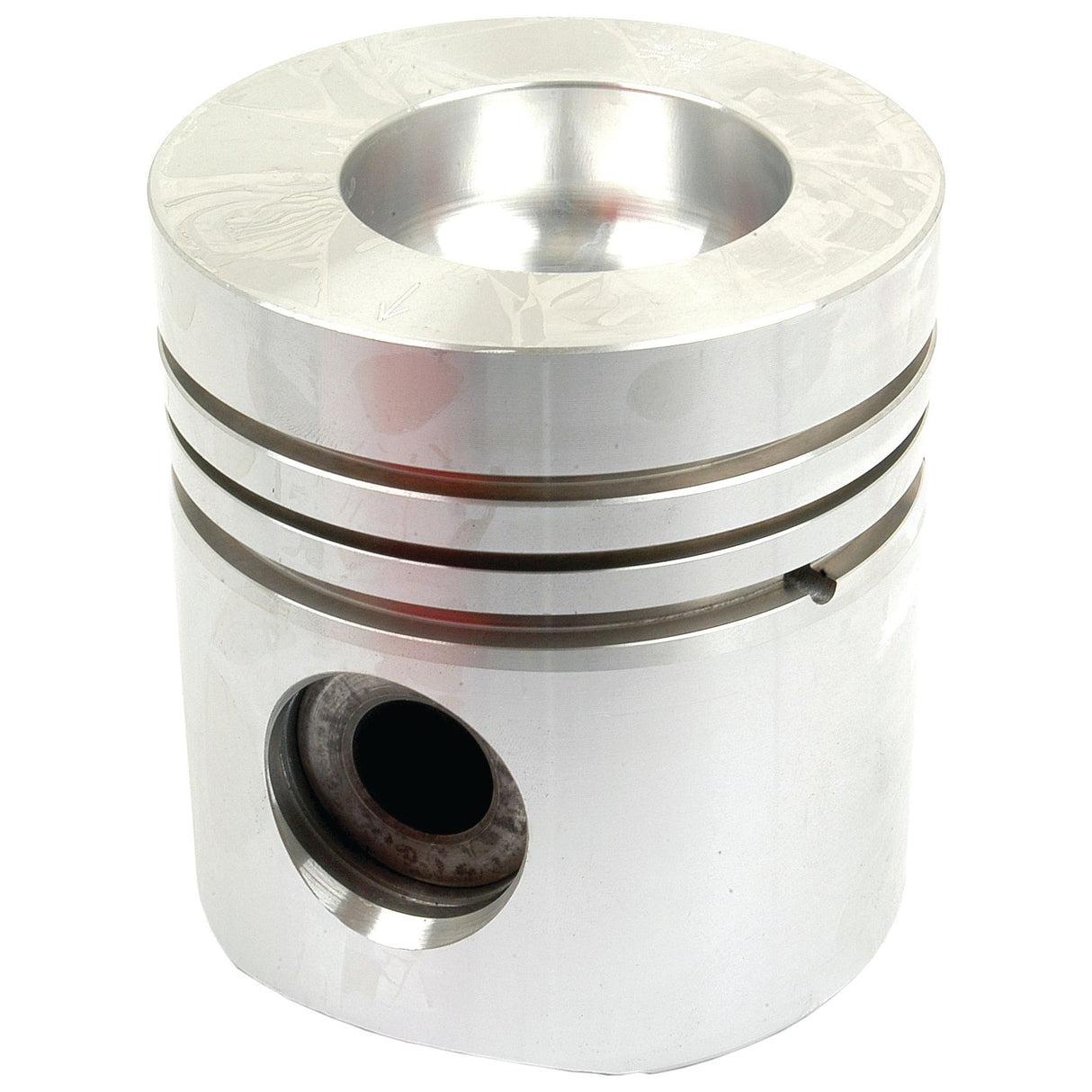 The Sparex Piston (Standard) - S.57630, characterized by its polished metal surface, three circular grooves, and a hollow center hole that highlights its precise bore diameter and compression height, is displayed against a plain white background.