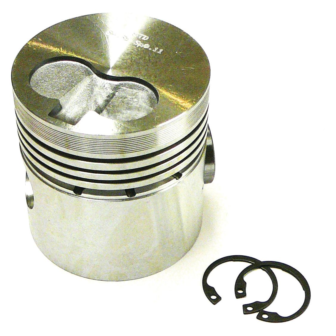 A piston (Standard) - S.60295 with precise grooves and a recessed top surface is displayed, accompanied by two black retaining ring clips. This high-quality Sparex component is essential for engine parts.