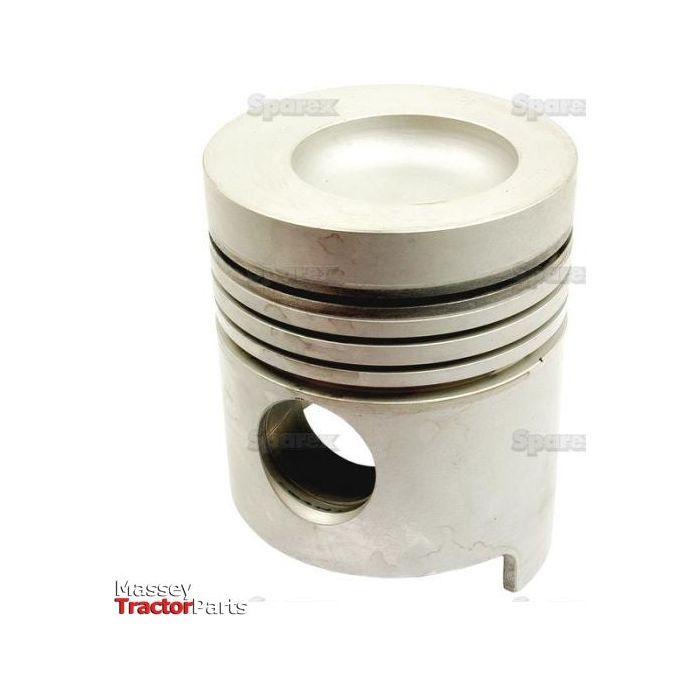 A Sparex S.61307 Standard Piston, featuring grooves and a cylindrical bore perfect for engine applications, is displayed against a white background. "Massey Tractor Parts" is printed in the bottom left corner, emphasizing the precise compression height crucial for optimal performance.