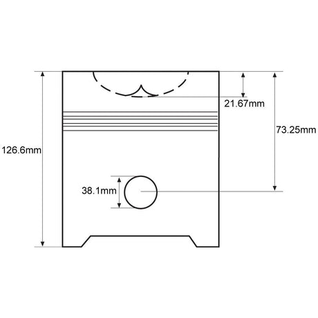 Engineering drawing of the Sparex Piston (Standard) - S.66521, a cylindrical object with precise measurements. The piston has a length of 126.6mm, a width of 73.25mm, and features a compression height of 21.67mm at the top section with a central bore diameter of 38.1mm.