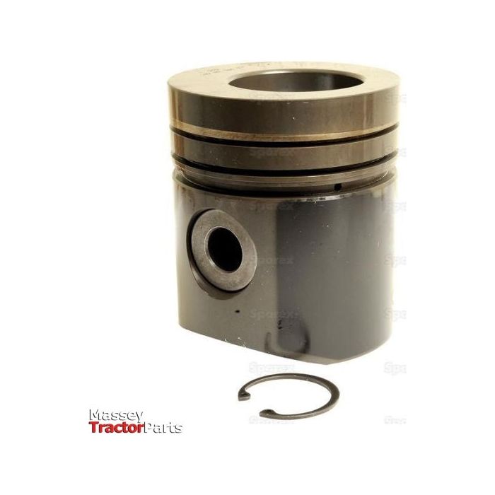 Image of a tractor piston accompanied by a circlip. The piston is cylindrical, featuring grooves and a central hole. The Sparex logo (Product: Piston (Standard) - S.67365) is visible in the bottom left corner, highlighting essential details like bore diameter and compression height for precise fit.