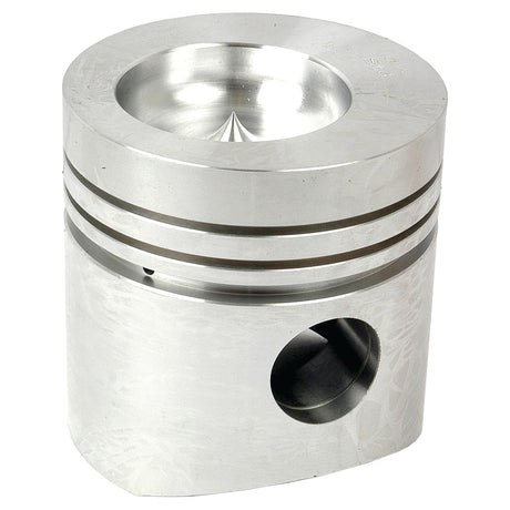 A close-up view of the Sparex Piston (Standard) - S.72154 reveals its metal construction with grooves and a hollow cylindrical section. The piston, showcasing its compression height and bore diameter, is cylindrical in shape with a slightly domed top surface.