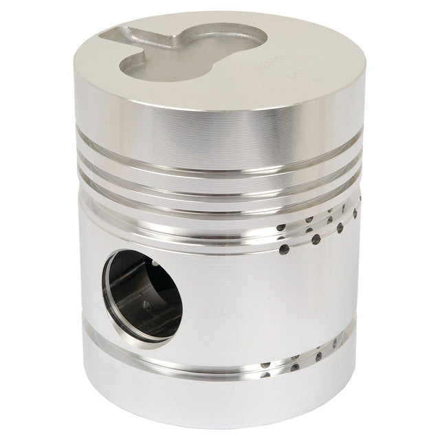Close-up image of the Sparex Piston (Standard) - S.75974, a shiny, cylindrical metallic component featuring grooves, detailing, and a hole, typically used in an internal combustion engine; showcasing its precise bore diameter.