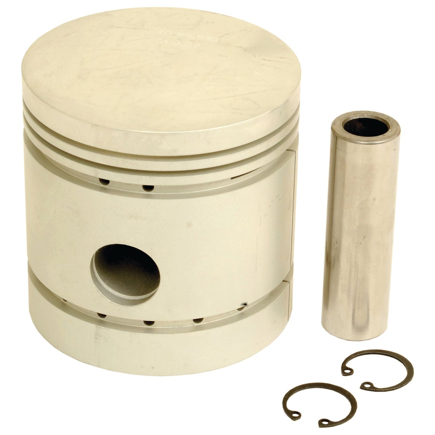 The Sparex Piston (Standard) - S.75975, featuring two ring grooves, is displayed beside a cylindrical pin and two circular retaining clips, ready to fit into the engine bore.