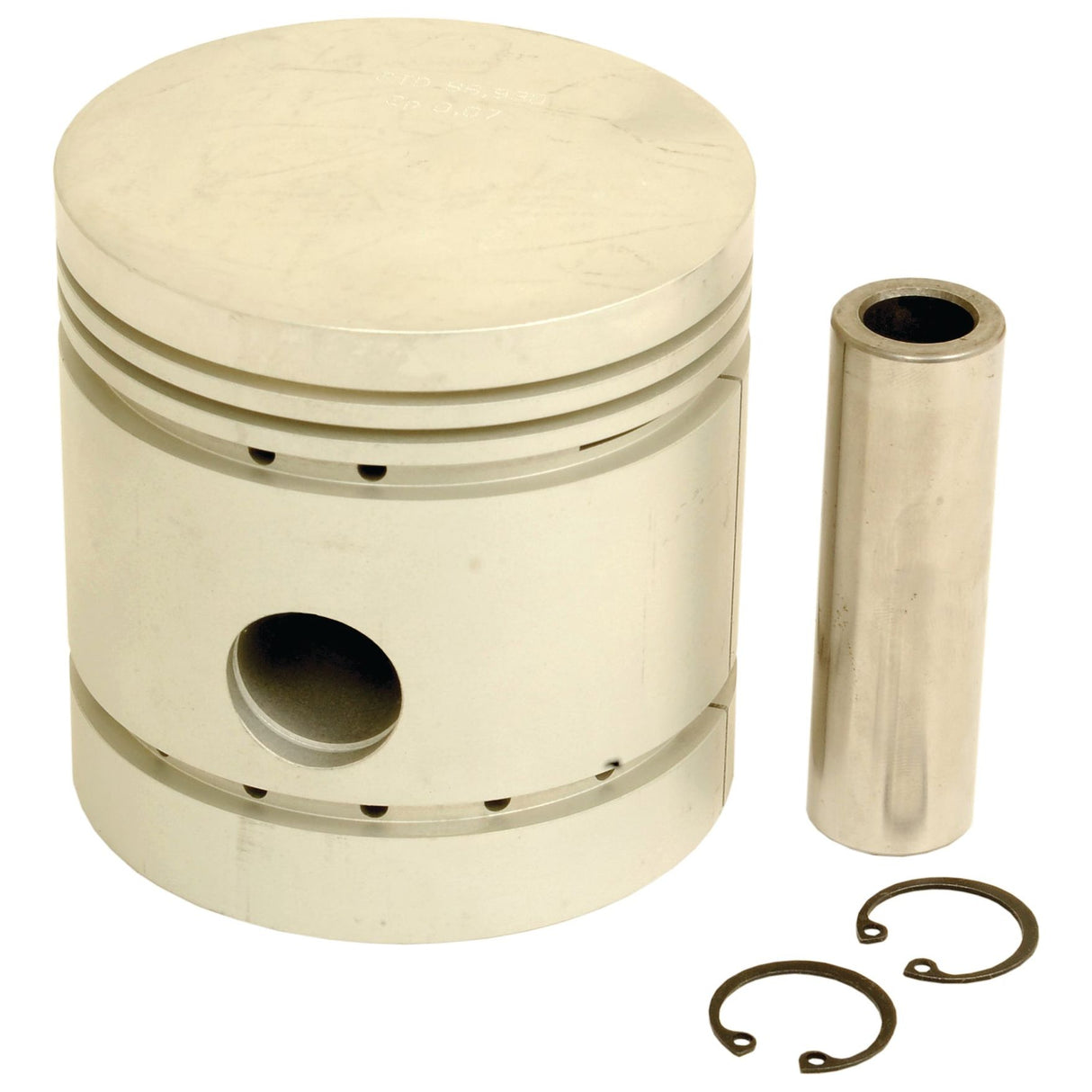 The Sparex Piston (Standard) - S.75975, featuring two ring grooves, is displayed beside a cylindrical pin and two circular retaining clips, ready to fit into the engine bore.