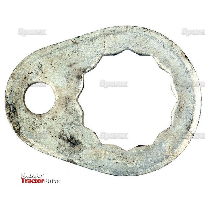 Introducing the Pivot Pin Washer, Sparex Part No. S.60465 – a metal adjustment shim featuring an oval outer shape with a star-shaped inner hole and an additional smaller round hole. This component, branded with "Massey Tractor Parts" in the bottom left corner, is designed for compatibility with Ford New Holland models, ensuring perfect functionality as a Pivot Pin Washer.