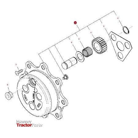 Exploded diagram of the Massey Ferguson - Planet Carrier - VA142657 part by AGCO showing individual components, including gear, wheel, and various connecting elements. The components, made from high-grade heat forged steel, are arranged in assembly order to fit Massey Ferguson Models.