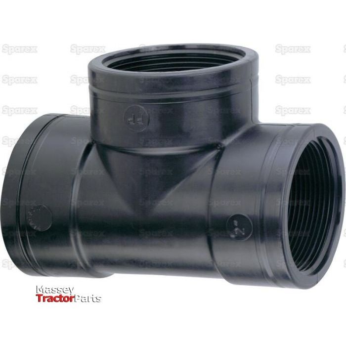 A black plastic T-shaped pipe fitting with threaded ends, the Sparex Threaded Pipe Coupling - | Sparex Part No.S.151827 is designed for connecting three pipes at 90-degree angles.