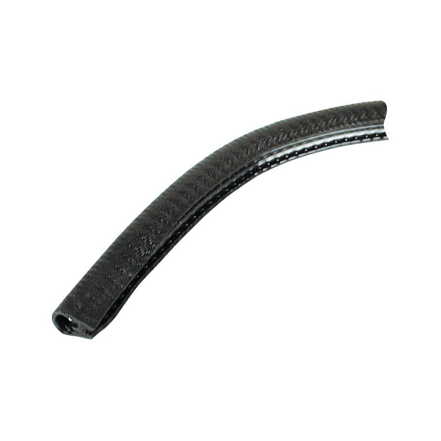 The Plastic Edging Strip (Black) by Sparex, Part No. S.18357, is a curved component made of carbon fiber with a ridged texture, designed for edge protection in mechanical or automotive applications.
