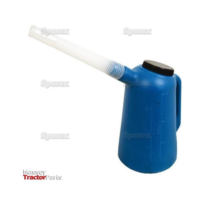 The Sparex Plastic Jug - 5L (Part No. S.20629) is a blue container designed to hold 5 litres of oil, featuring a flexible white spout, a black cap, and convenient measurement markings on its side.