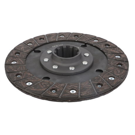 The AGCO Massey Ferguson - Plate PTO 9 (product code: 3620411M91) is a round, dark-colored vehicle clutch disc featuring a metal hub and multiple rivets around its circumference, specifically designed for the 100 Series tractors from Massey Ferguson.