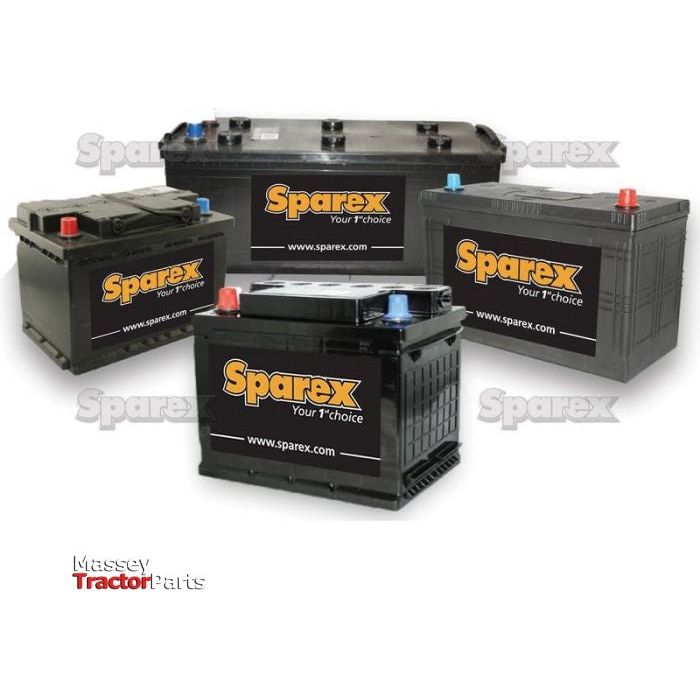 Four Sparex S.45053 batteries, each 12V with a capacity of 45 AH @20HR, are neatly arranged together, prominently branded "Sparex" and labeled with "Massey Tractor Parts" at the bottom.
