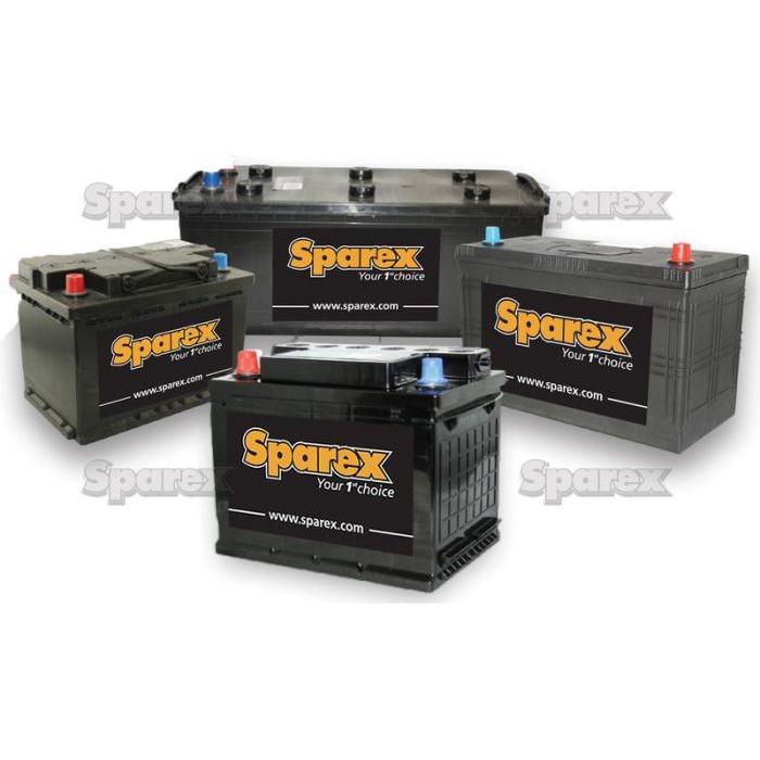 A group of four black Sparex Batteries of varying sizes, including a Battery 27| that is 12V with an AH Capacity @20HR of 60 (model S.45045), all prominently displaying "Sparex" logos on them.
