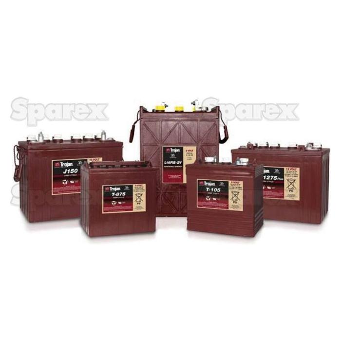 A group of five Trojan deep-cycle batteries, featuring models T-875, J150, T-105, and J1275, arranged neatly on a white background. Among these is the Sparex Battery PLA-T125| , a 6V model with an AH Capacity @20HR of 240 - S.45250. These Trojan Batteries come in various sizes and specifications to meet diverse 6V battery requirements.