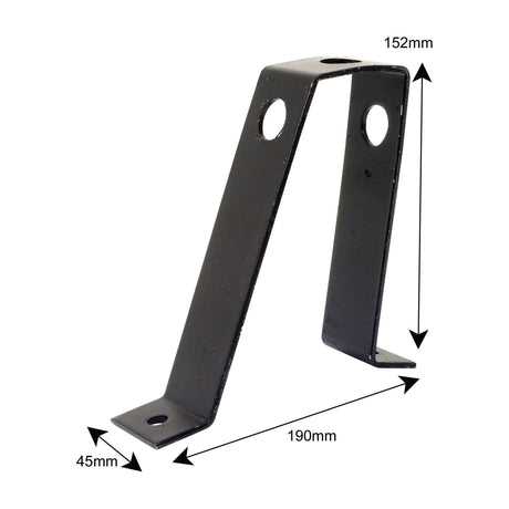 The Head Light Mount (Sparex Part No. S.43762) by Sparex is a black metal bracket with two side holes, specifically designed for headlight mounting. It measures 152 mm in height, 190 mm in width at the base, and 45 mm in depth. This part is compatible with Massey Ferguson models and meets the high-quality standards of Sparex.