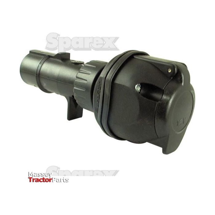 Close-up of a black tractor part with a cylindrical shape, featuring multiple connection points, including a 7 pin female connection, labeled "Plug and Socket Reducer 24V/12V | Sparex Part No.S.26427" and "Sparex.