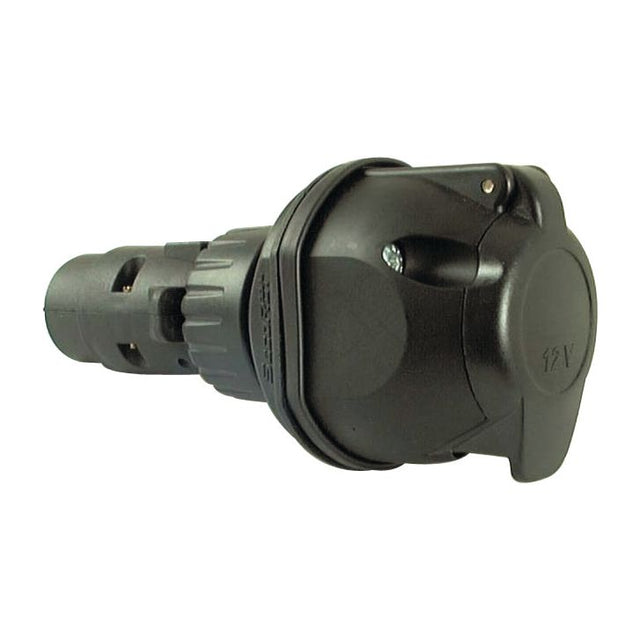 A close-up image of the Sparex Plug and Socket Reducer 24V/12V (Part No. S.26426), a black trailer connector with a protective cover, used for electrical connections between a trailer and towing vehicle.