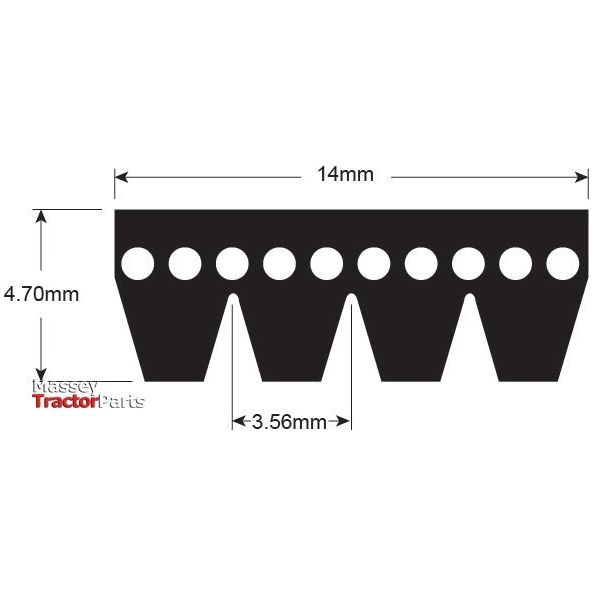 Diagram of a black serrated edge blade showing dimensions: 14mm width, 4.70mm height, 3.56mm between teeth. Multiple holes are spaced along the top edge. Text "Sparex" is also displayed alongside the part number S.149105 for easy identification of the Poly V / Multi-Rib Belt - PK Section - Belt No. 4PK937.