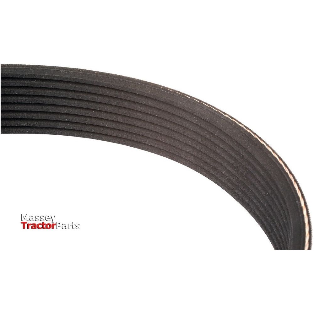 Close-up image of a black, ribbed tractor belt with the text "Massey Tractor Parts" in the bottom left corner. The Poly V / Multi-Rib Belt - PK Section - Belt No. 8PK1460 by Sparex (Sparex Part No. S.56939) is designed for durability and efficiency in agricultural machinery.