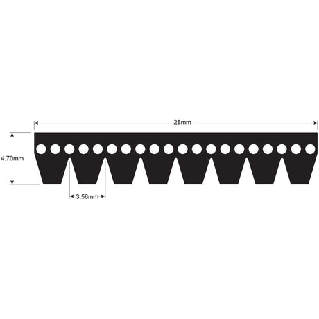 A detailed technical diagram of a saw blade features precise measurements: a total length of 28mm, tooth depth of 4.70mm, and tooth pitch of 3.56mm. This precision matches that found in the Sparex Poly V / Multi-Rib Belt - PK Section - Belt No. 8PK2515 (Sparex Part No.S.149118). The blade also includes holes along its upper edge.