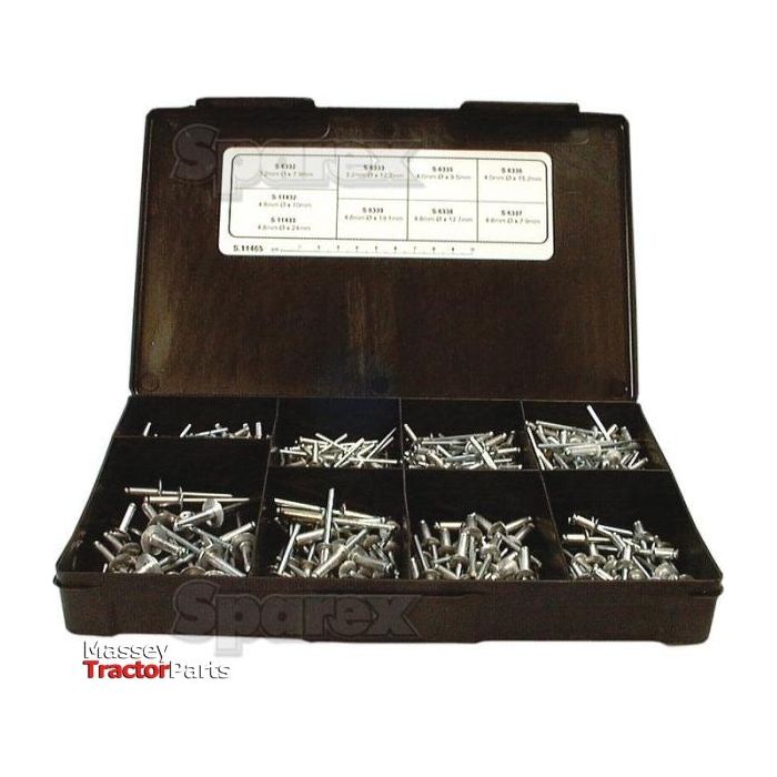 The "Sparex" brand Pop Rivet 3.2 - 4.8 x 8 - 24mm (295 pcs.) Handipak, featuring a black plastic organizer box with nine compartments, stores various sizes of silver nuts and bolts along with a few pop rivets and includes a size chart on the inside of the lid. The "Massey Tractor Parts" logo is visible beside the Sparex brand name.