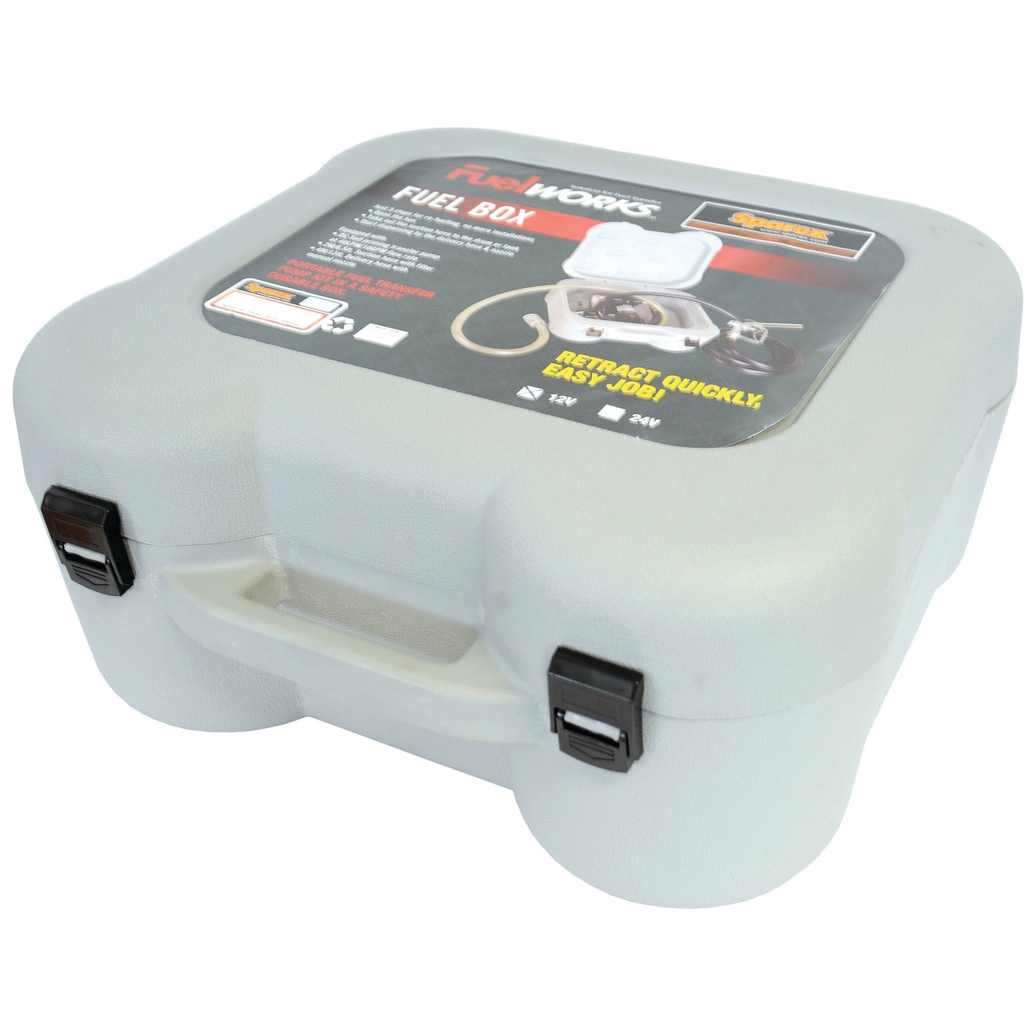 A gray plastic carrying case labeled "Portable Fuel Transfer Kit - S.28984" with black latches and a built-in handle. The label includes suitable product details, manufacture information by Sparex, and a photo of the contents inside.