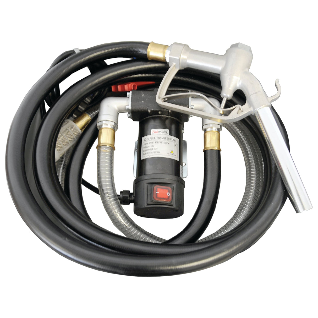 The Portable Fuel Transfer Kit - S.28984 by Sparex is a versatile coiled pump with hoses and nozzle, designed for multiple applications and equipped with a motor and on/off switch.