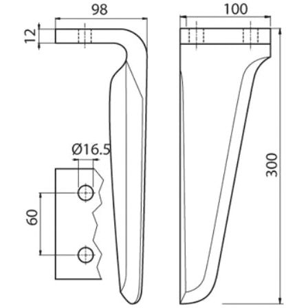 Technical diagram showing two views of a Sparex Power Harrow Blade 100x12x305mm RH with dimensions: height 305mm, width 12mm, depth 98mm and 100mm, with 60mm spacing for two holes of 17mm diameter; designed as a replacement for Maschio Power Harrow Blade. To fit as: 36100210 | Sparex Part No.S.77281