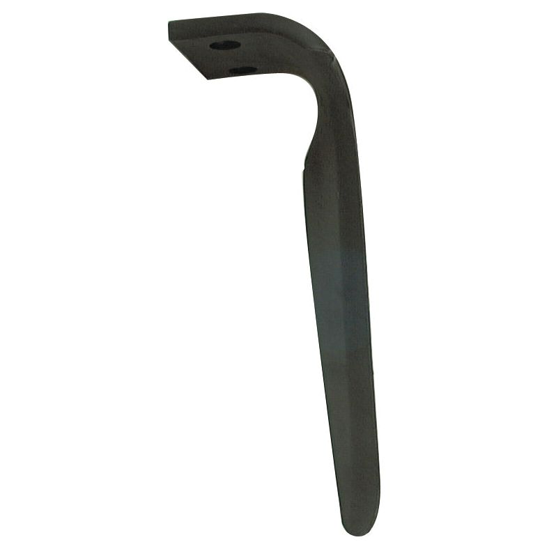 A Sparex black metal mounting bracket, curved in shape with two 17mm screw holes at the top spaced 60mm apart, ideal as a replacement for Maschio Power Harrow Blade (36100210) and fits Power Harrow Blade 100x12x305mm RH. (Sparex Part No.S.77281).