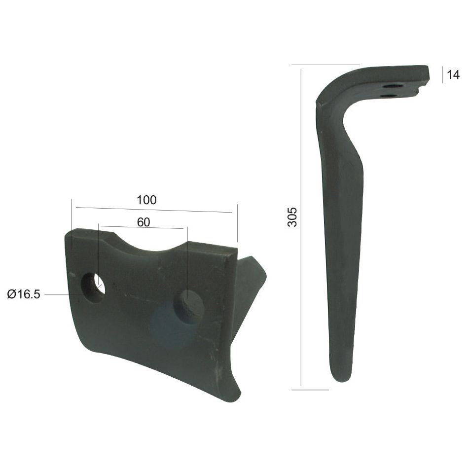 Two views of a black metal bracket, identified as the Power Harrow Blade 100x14x305mm LH by Sparex. This bracket has dimensions of 100 mm width, 60 mm height between hole centers, 305 mm length, and 14 mm thickness. The mounting holes have a diameter of 16.5 mm. It serves as a replacement for Pegoraro and Morra equipment and fits as: 7869 | Sparex Part No.S.78645