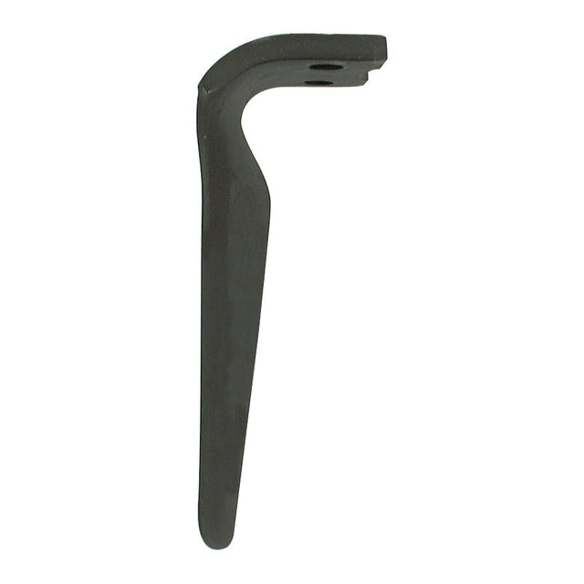 A black, L-shaped metal bracket with two holes near the top, perfect as a Pegoraro replacement, known as the Sparex Power Harrow Blade 100x14x305mm LH. With 60mm hole centers and a hole diameter of 16.5mm, it fits as part number S.78645 for Pegoraro and Morra equipment.
