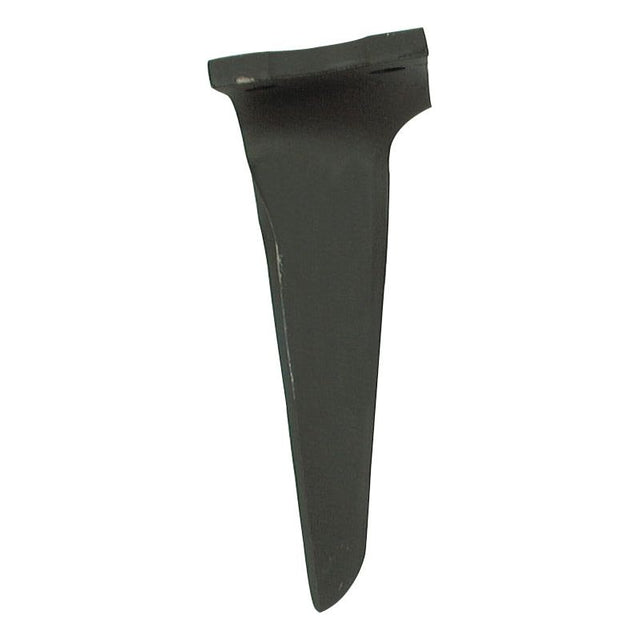 A close-up of a black metal wedge-shaped object, possibly a Power Harrow Blade 100x14x305mm RH from Sparex, serving as a replacement for Pegoraro and Morra equipment.