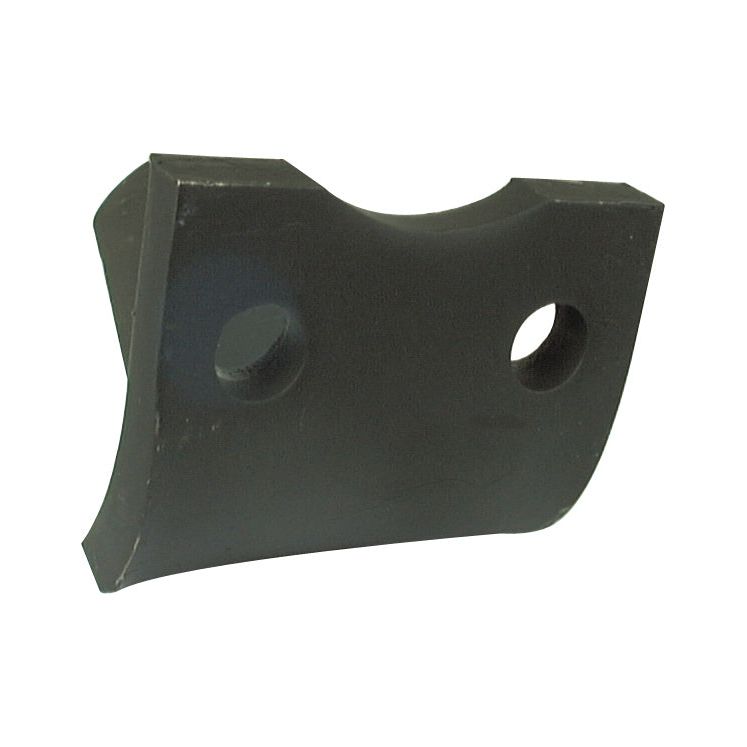 A black, curved rectangular object with two circular holes near the center, likely a mechanical or industrial component, could be the Power Harrow Blade 100x14x305mm RH from Sparex. It features hole centers of 60mm and a hole diameter of 16.5mm, designed as a replacement for Pegoraro and Morra machinery (Sparex Part No. S.78644, SKU: 7870).