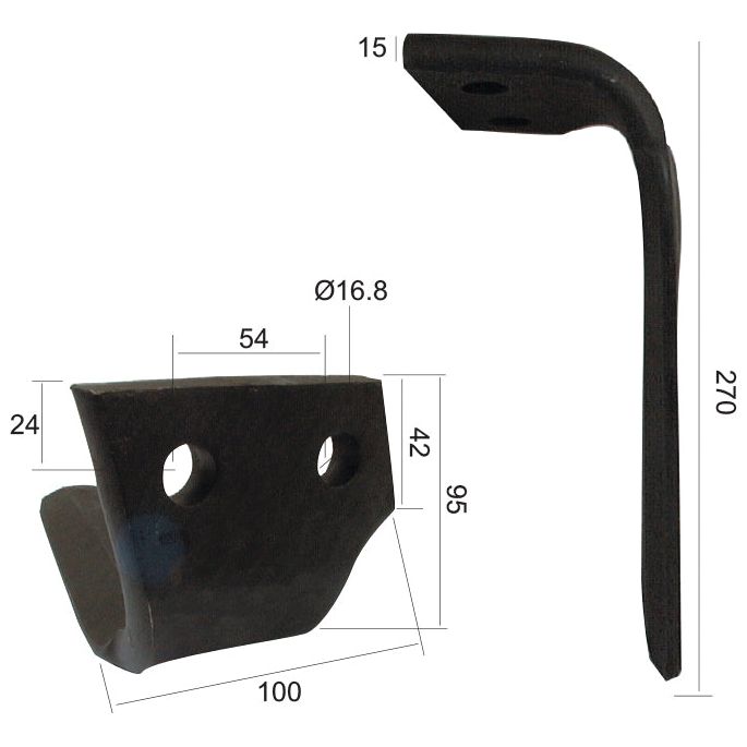 Power Harrow Blade 100x15x270mm RH. Hole centres: 54mm. Hole⌀ 17mm. Replacement forPerugini (Concept-Ransome).
 - S.78181 - Massey Tractor Parts