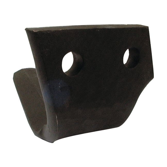 A black L-shaped metal bracket with two circular holes, designed for mounting or securing, serves as a replacement for Perugini model 320424 Power Harrow Blade. This is the Sparex Power Harrow Blade 100x15x270mm RH, featuring hole centers of 54mm and a hole diameter of 17mm (Sparex Part No. S.78181).