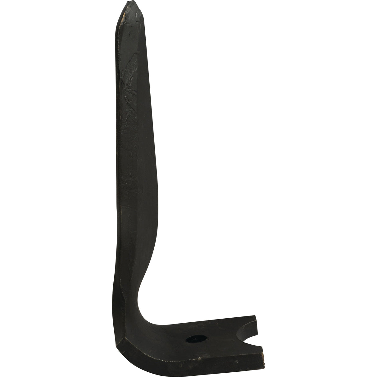 Side view of a black, L-shaped metal bracket with a single hole near the base and a notched end, ideal as a replacement part for Kverneland. This is the Power Harrow Blade 100x15x320mm RH from Sparex, featuring an 18.5mm hole diameter and fitting as MA46000150 (Sparex Part No. S.72419).