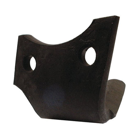 Close-up of a black metal bracket, identified as the Power Harrow Blade 100x16x320mm LH by Sparex, featuring two circular holes with centers 66mm apart and a diameter of 17.5mm, and a curved, jagged shape. This component is ideal for use with Perugini (Concept-Ransome) and Rabewerk machinery models such as the 8404-5002. Replacement part number: S.77309.