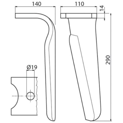 Power Harrow Blade 110x14x290mm LH. Hole centres: mm. Hole⌀ 19mm. Replacement forKuhn.
 - S.150850 - Massey Tractor Parts