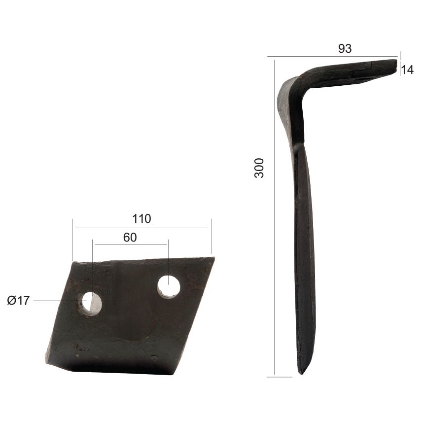 A metal component with two circular holes, shown from the front and side, is labeled with dimensions: 110mm, 60mm between hole centers, Ø17mm hole diameter, 300mm length, 93mm width, and 14mm thickness. This unit is a Power Harrow Blade (110x14x300mm LH) by Sparex and serves as a replacement for Alpego Power Harrow Blade DO06701S (Sparex Part No.S.78217).