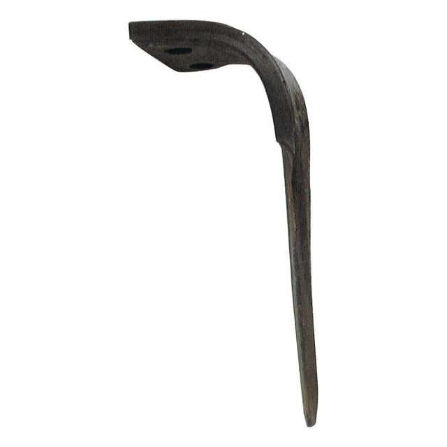 A side view of a curved, dark brown wooden object with two holes near the top, resembling the sleek form of a Sparex Power Harrow Blade 110x15x325mm RH. Hole centres: 55mm. Hole Ø 17mm. Replacement for Perugini (Concept-Ransome). To fit as: 320430 | Sparex Part No.S.78185.